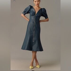 Anthropologie Vegan Leather Blue Midi Dress
